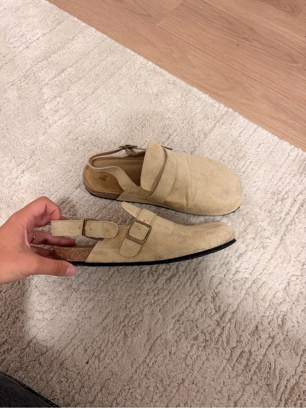 Amazon Women's Suede Buckle Mules in Beige